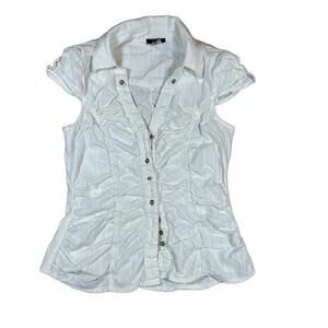 XOXO Women’s Blouse White Ruffled Button Up Y2K